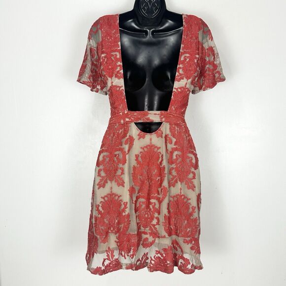 For Love & Lemons San Marcos Coquette fFloral Lace Mini Dress in Red Orange Sz S - Picture 14 of 16